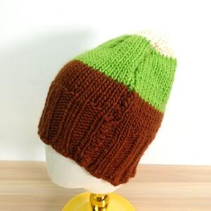 Colorblock Wool Handmade Knit Beanie Hat Chocolate Green Winter Artisan NEW
